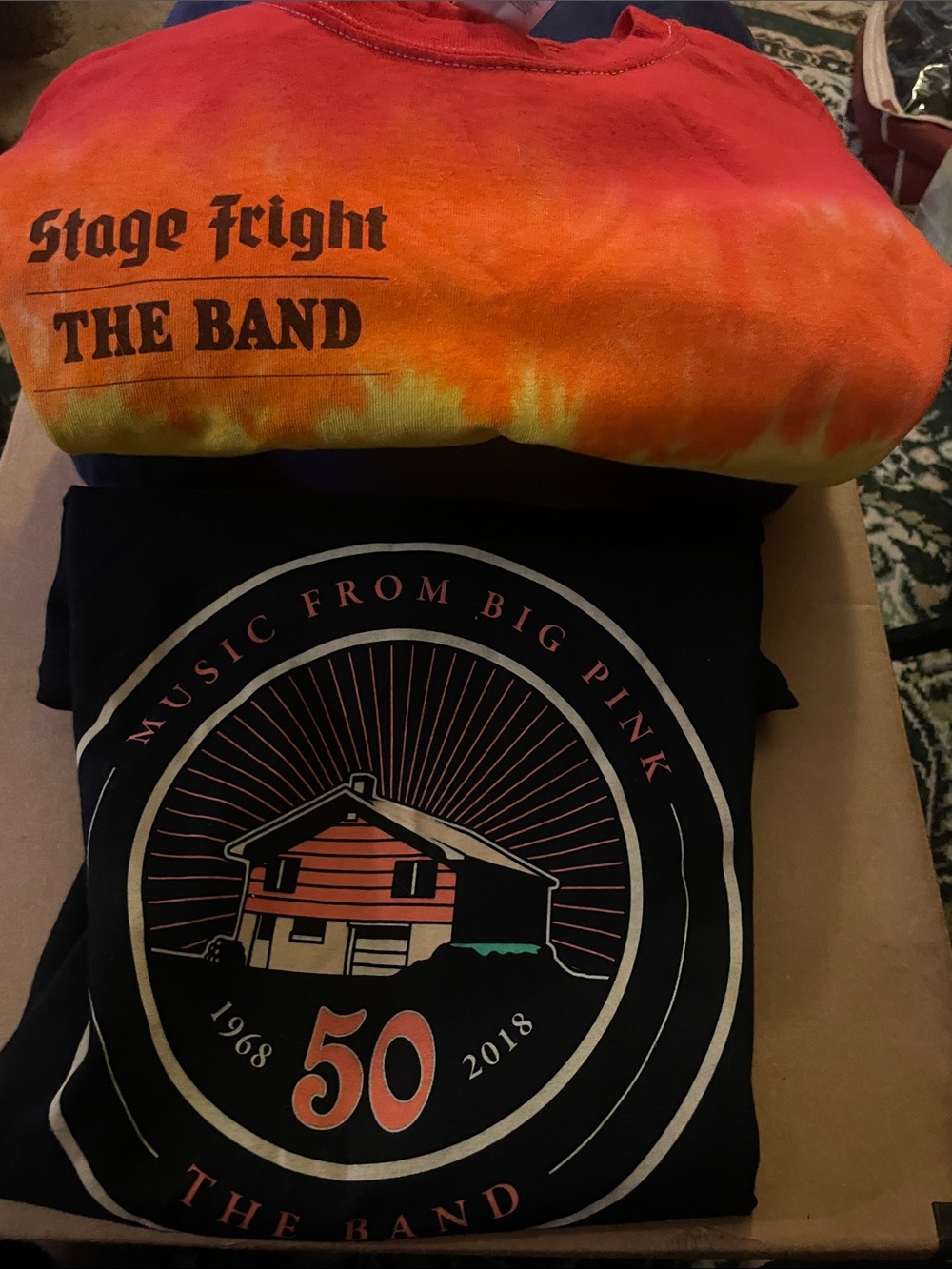 Bundle: The Band Stage Fright (Lg) and Music from Big Pink (XL) t-shirts